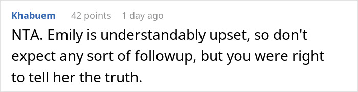 Reddit comment discussion on dating a neighbor's husband, mentioning honesty and emotional upset. Reddit comment discussion on dating a neighbor's husband, mentioning honesty and emotional upset.