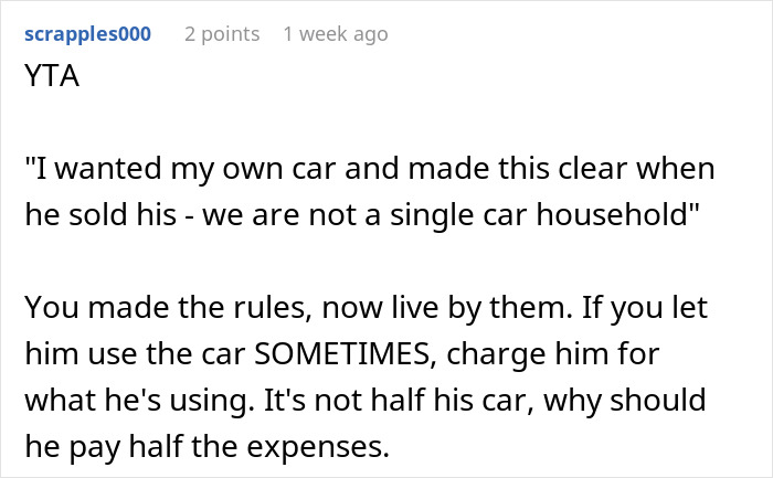 Text exchange debating if a husband should pay half of his wife's car bills. Text exchange debating if a husband should pay half of his wife's car bills.