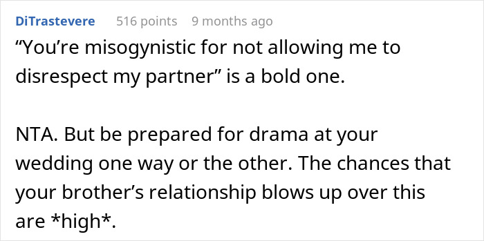 Text discussing potential wedding drama over brother's controversial +1 choice, impacting his relationship. Text discussing potential wedding drama over brother's controversial +1 choice, impacting his relationship.