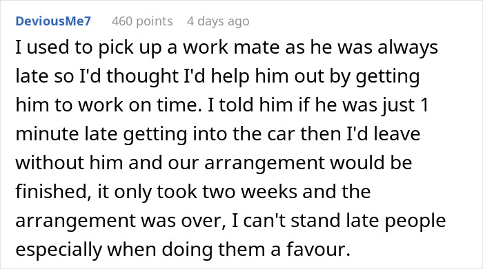 Text recounting a friend ending carpool rides due to lateness, highlighting a preference against late people. Text recounting a friend ending carpool rides due to lateness, highlighting a preference against late people.