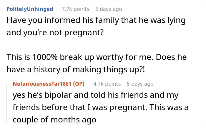 Comments discussing a woman's fiancé announcing a false pregnancy. Comments discussing a woman's fiancé announcing a false pregnancy.