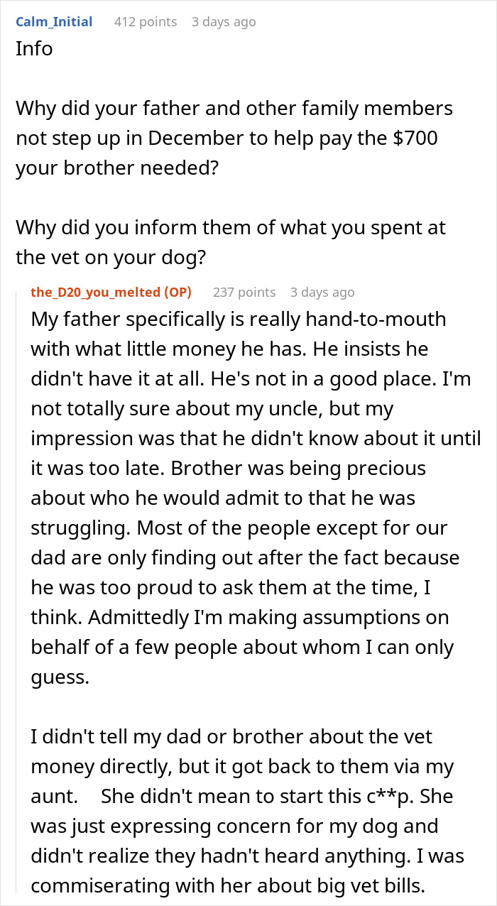 Discussion on refusing $700 loan to brother, spending $1,200 on vet. Discussion on refusing $700 loan to brother, spending $1,200 on vet.