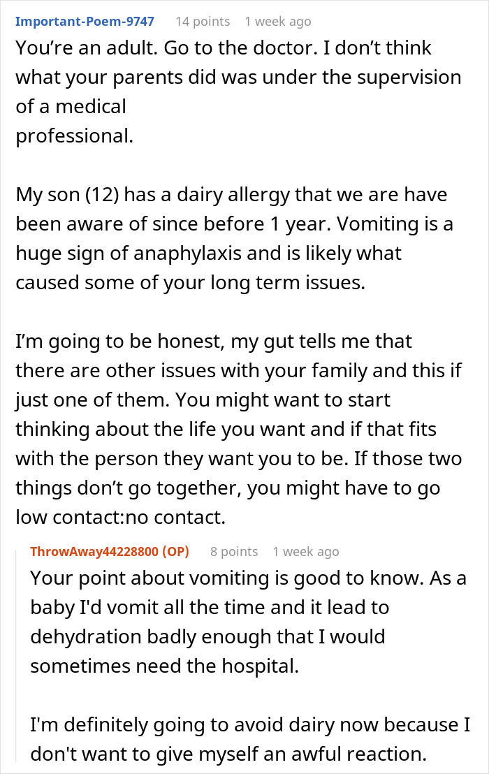 Reddit discussion about embarrassing parents due to an allergy, highlighting a dairy allergy and related experiences. Reddit discussion about embarrassing parents due to an allergy, highlighting a dairy allergy and related experiences.
