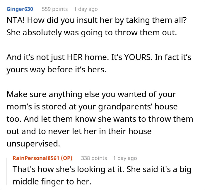 Reddit comments discussing potential disposal of husband's late wife's photos. Reddit comments discussing potential disposal of husband's late wife's photos.