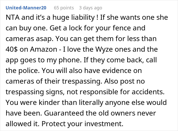 Reddit comment advising house owner on neighbor’s kids trespassing in their pool area, suggesting security measures. Reddit comment advising house owner on neighbor’s kids trespassing in their pool area, suggesting security measures.