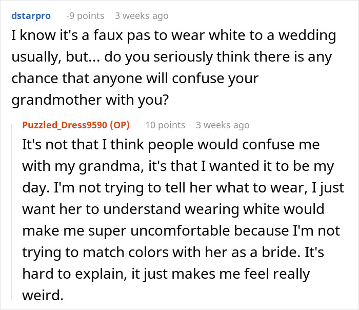 Discussion about bride's request for grandmother not to wear white at wedding, citing discomfort with color matching. Discussion about bride's request for grandmother not to wear white at wedding, citing discomfort with color matching.