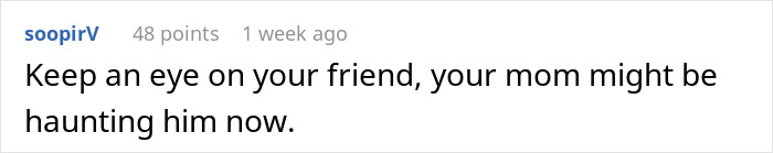 Text comment referencing a friend's late mom after discovering a tribute in a soda can. Text comment referencing a friend's late mom after discovering a tribute in a soda can.