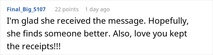 Reddit comment discussing dating neighbor's husband, expressing satisfaction and humor about keeping receipts. Reddit comment discussing dating neighbor's husband, expressing satisfaction and humor about keeping receipts.