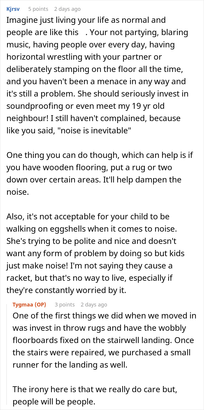 Reddit discussion about neighbor noise complaints and soundproofing solutions, including adding rugs to reduce noise. Reddit discussion about neighbor noise complaints and soundproofing solutions, including adding rugs to reduce noise.