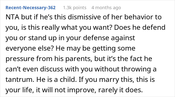 Online comment discussing a woman questioning her wedding due to her fiancé siding with his sister who bullies her. Online comment discussing a woman questioning her wedding due to her fiancé siding with his sister who bullies her.