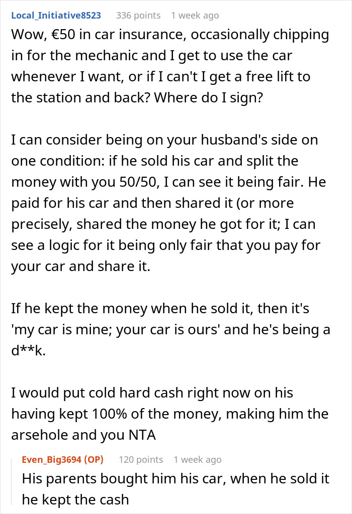Discussion on whether the husband should pay half of wife's car bills. Discussion on whether the husband should pay half of wife's car bills.