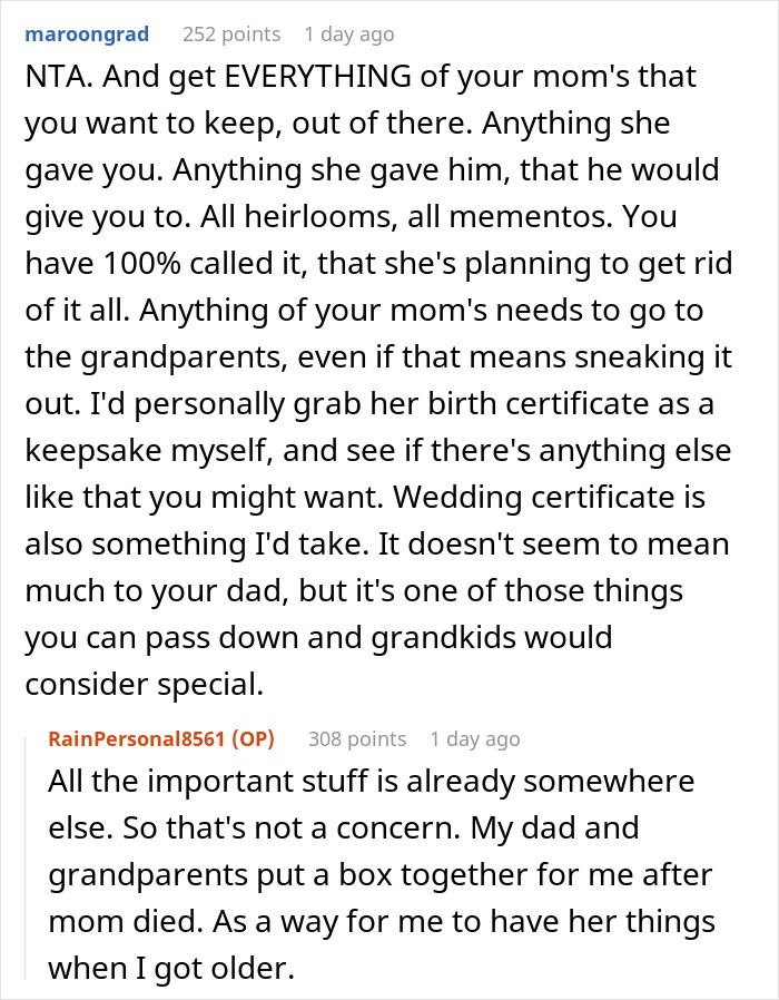Discussion about teen keeping late mom's keepsakes amid conflict with dad's new wife. Discussion about teen keeping late mom's keepsakes amid conflict with dad's new wife.