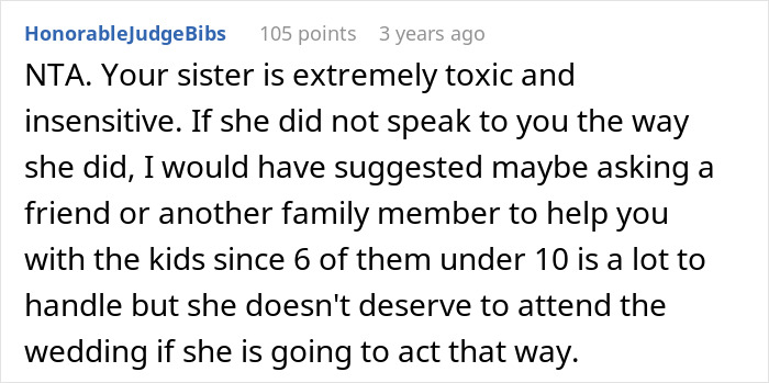 Reddit comment discussing a toxic and insensitive situation involving babysitting six kids. Reddit comment discussing a toxic and insensitive situation involving babysitting six kids.