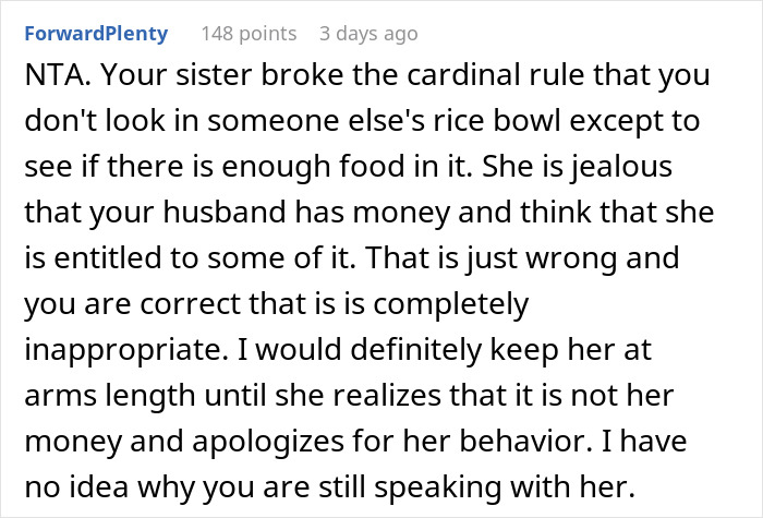 Reddit comment discussing someone's sister's inappropriate behavior about their husband's wealth. Reddit comment discussing someone's sister's inappropriate behavior about their husband's wealth.