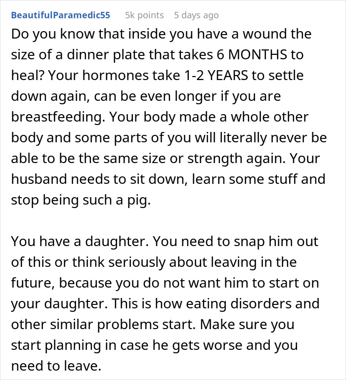 Text addressing husband's demand for wife's post-birth gym routine, focusing on healing and family well-being. Text addressing husband's demand for wife's post-birth gym routine, focusing on healing and family well-being.