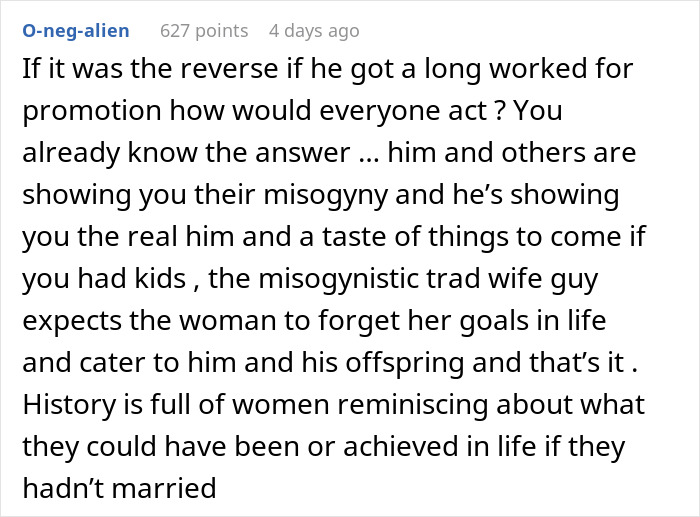 Reddit comment discussing gender roles and promotion refusal in a marriage context. Reddit comment discussing gender roles and promotion refusal in a marriage context.