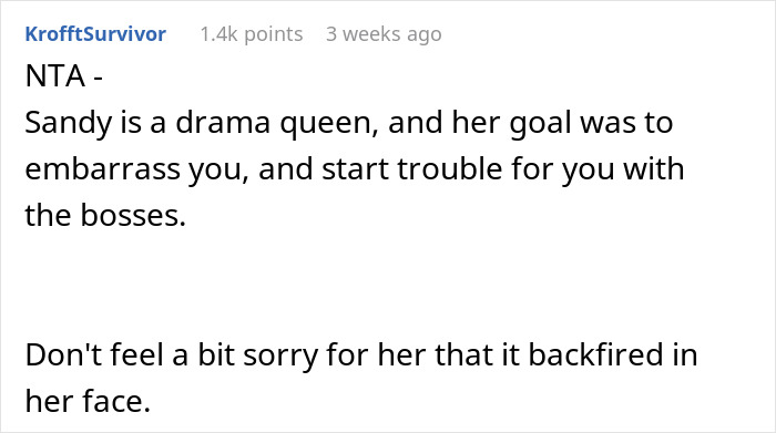 Text from an online discussion about a work party incident and an angry coworker. Text from an online discussion about a work party incident and an angry coworker.