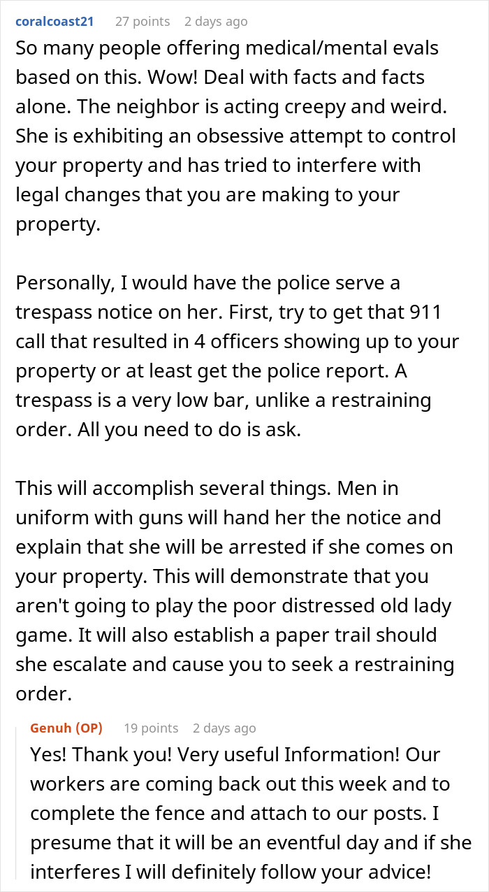 Online forum discussion about neighbor's obsessive behavior over fence dispute, police involvement suggested. Online forum discussion about neighbor's obsessive behavior over fence dispute, police involvement suggested.