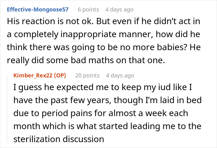 Comments discussing sterilization and relationship impact with partner. Comments discussing sterilization and relationship impact with partner.