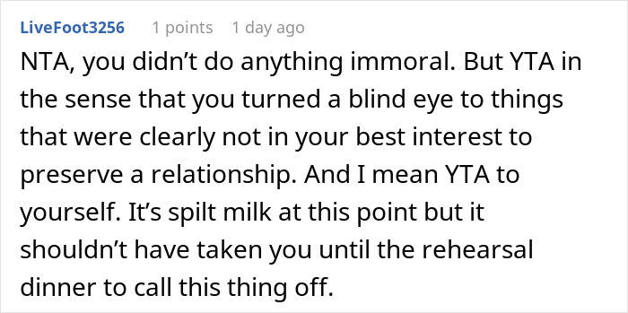 Reddit comment about a man canceling his wedding due to in-laws' conduct at the rehearsal dinner. Reddit comment about a man canceling his wedding due to in-laws' conduct at the rehearsal dinner.