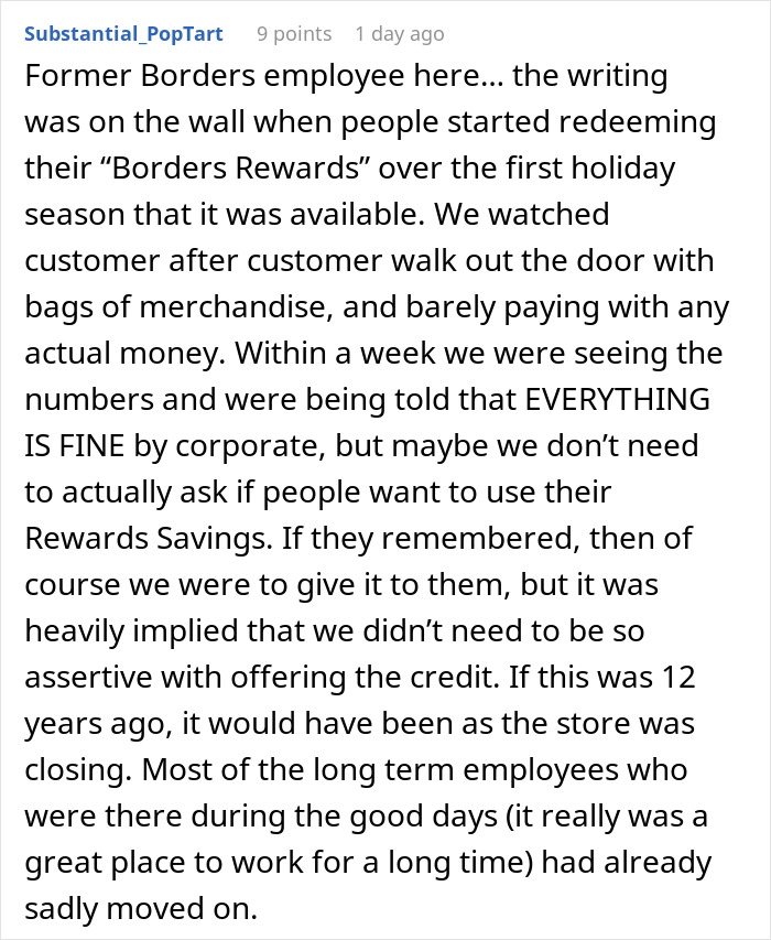 Reddit comment from a former bookstore employee sharing experiences about Borders Rewards and customer interactions. Reddit comment from a former bookstore employee sharing experiences about Borders Rewards and customer interactions.