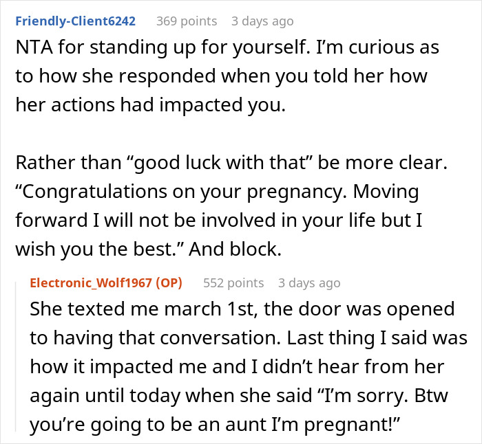 Text exchange discussing a woman ghosting her friend and then announcing her pregnancy, leading to being blocked. Text exchange discussing a woman ghosting her friend and then announcing her pregnancy, leading to being blocked.