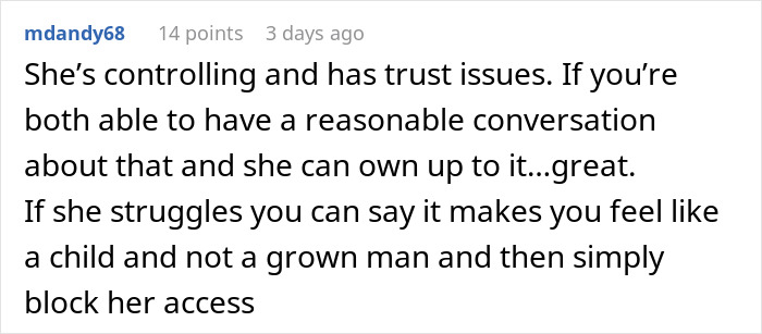 Reddit comment discussing issues of trust and control in a relationship. Reddit comment discussing issues of trust and control in a relationship.
