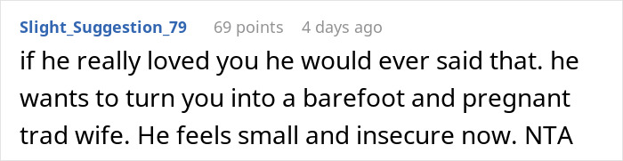 Screenshot of a Reddit comment discussing refusing to give up a promotion for a husband. Screenshot of a Reddit comment discussing refusing to give up a promotion for a husband.