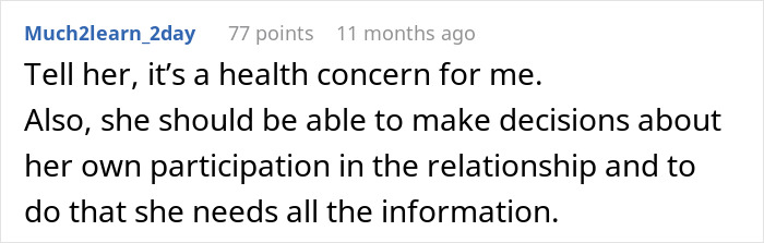 Reddit comment suggesting someone reveal an affair due to health concerns, highlighting relationship honesty. Reddit comment suggesting someone reveal an affair due to health concerns, highlighting relationship honesty.