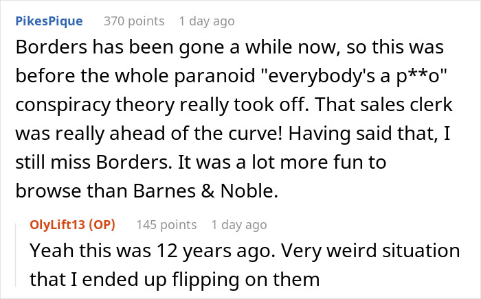 Reddit comments about an incident with a bookstore clerk questioning age limits, referencing Borders and Barnes & Noble. Reddit comments about an incident with a bookstore clerk questioning age limits, referencing Borders and Barnes & Noble.