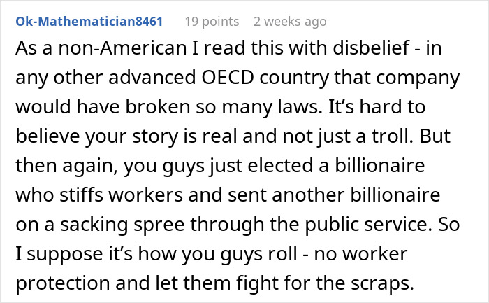 Text expressing disbelief about company firing an employee, mentioning lack of worker protection. Text expressing disbelief about company firing an employee, mentioning lack of worker protection.