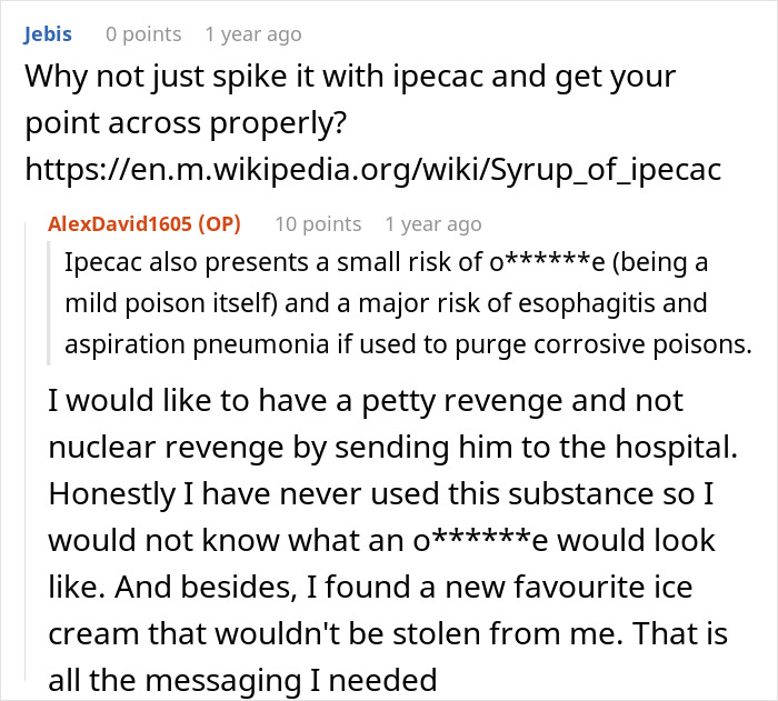 Discussion about revenge using spicy ice cream instead of ipecac. Discussion about revenge using spicy ice cream instead of ipecac.