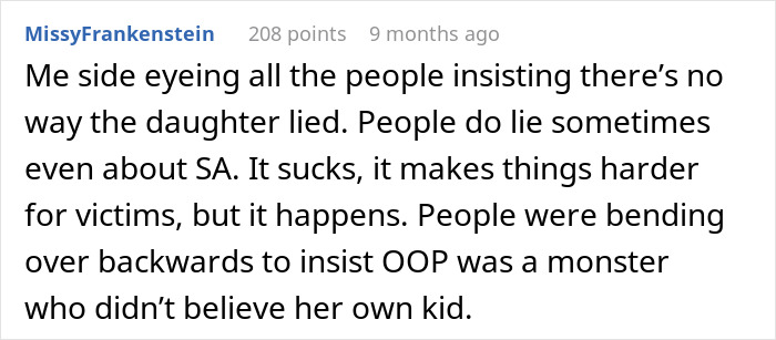 Reddit comment discussing daughter's honesty issue and repercussions for victims. Reddit comment discussing daughter's honesty issue and repercussions for victims.