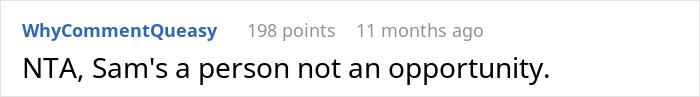 Comment on adoption: "NTA, Sam's a person not an opportunity," with user and engagement details. Comment on adoption: "NTA, Sam's a person not an opportunity," with user and engagement details.