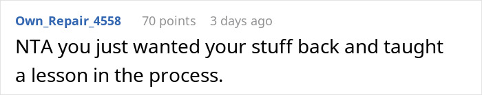 Comment text showing a user explaining how an aunt taught a lesson by keeping toys until stolen trinkets were returned. Comment text showing a user explaining how an aunt taught a lesson by keeping toys until stolen trinkets were returned.