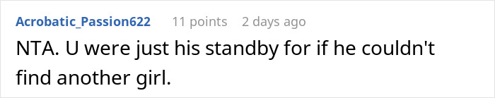 Comment about opening relationship, user suggests partner was a backup. Comment about opening relationship, user suggests partner was a backup.