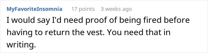 Reddit comment discusses needing proof of being fired before returning a uniform vest. Reddit comment discusses needing proof of being fired before returning a uniform vest.