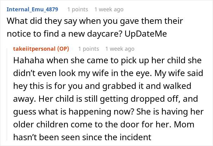 Reddit thread about a pregnant wife's childcare experience with daycare dropping off the child. Reddit thread about a pregnant wife's childcare experience with daycare dropping off the child.