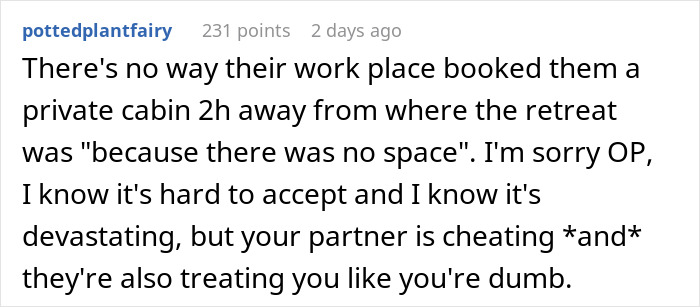 Reddit comment addressing partner and work spouse situation, mentioning cheating and disbelief in retreat booking. Reddit comment addressing partner and work spouse situation, mentioning cheating and disbelief in retreat booking.