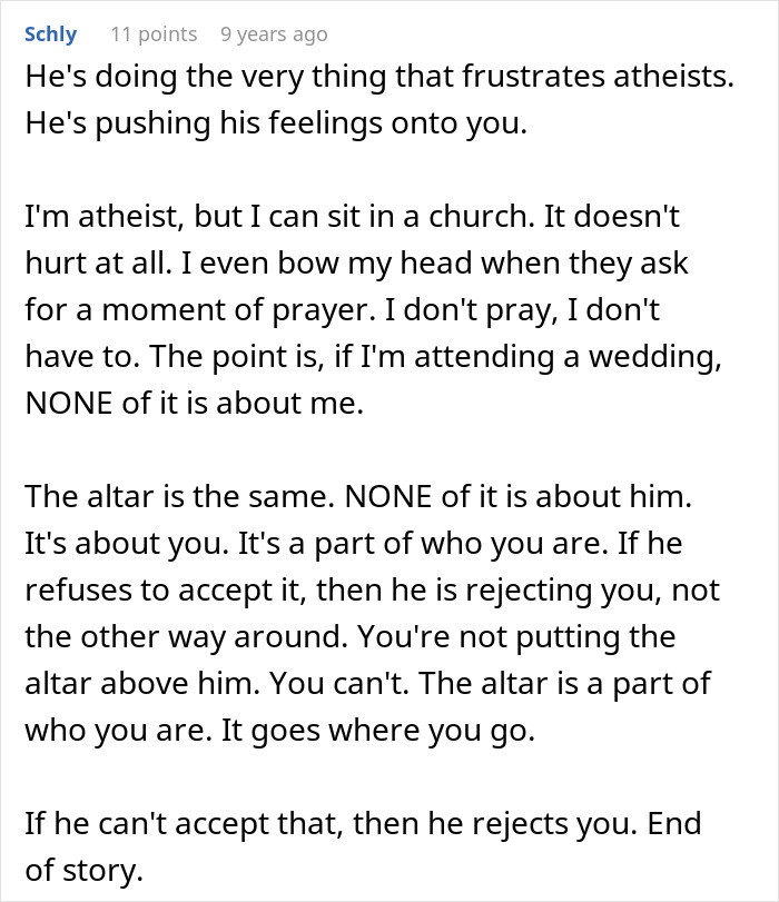 Comment discussing atheism and relationships, highlighting the conflict between personal beliefs and mutual acceptance. Comment discussing atheism and relationships, highlighting the conflict between personal beliefs and mutual acceptance.