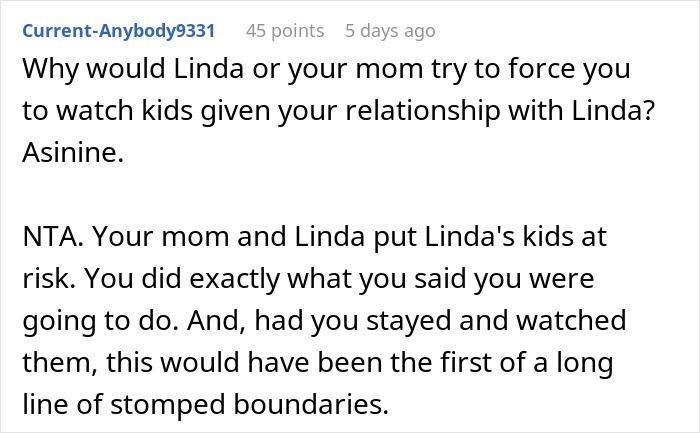 Reddit comment discussing a woman refusing to babysit her sister's kids and standing firm on boundaries. Reddit comment discussing a woman refusing to babysit her sister's kids and standing firm on boundaries.
