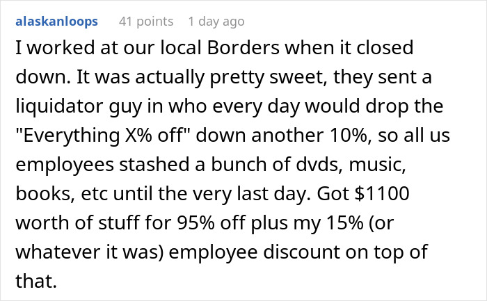 Bookstore clerk shares story about closing sale discounts on DVDs, music, books, and more at Borders. Bookstore clerk shares story about closing sale discounts on DVDs, music, books, and more at Borders.
