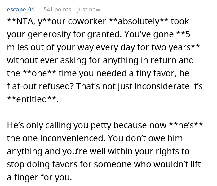 Text screenshot about coworker taking free rides for granted, refusing small favor, and being called entitled. Text screenshot about coworker taking free rides for granted, refusing small favor, and being called entitled.