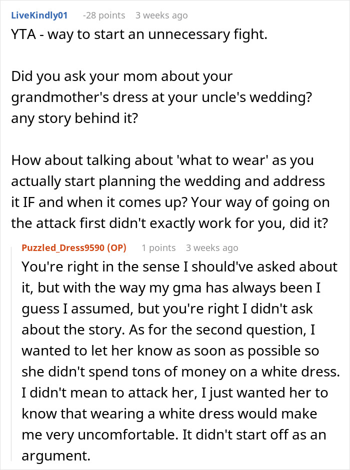 Reddit comment thread discussing a bride's request about her grandmother not wearing white to the wedding. Reddit comment thread discussing a bride's request about her grandmother not wearing white to the wedding.