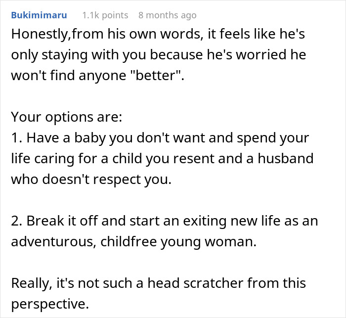 Text discussing a couple's hard decision on kids and relationship dynamics. Text discussing a couple's hard decision on kids and relationship dynamics.