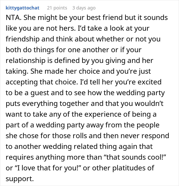 Reddit comment discussion about refusing wedding help due to not being chosen as a bridesmaid. Reddit comment discussion about refusing wedding help due to not being chosen as a bridesmaid.