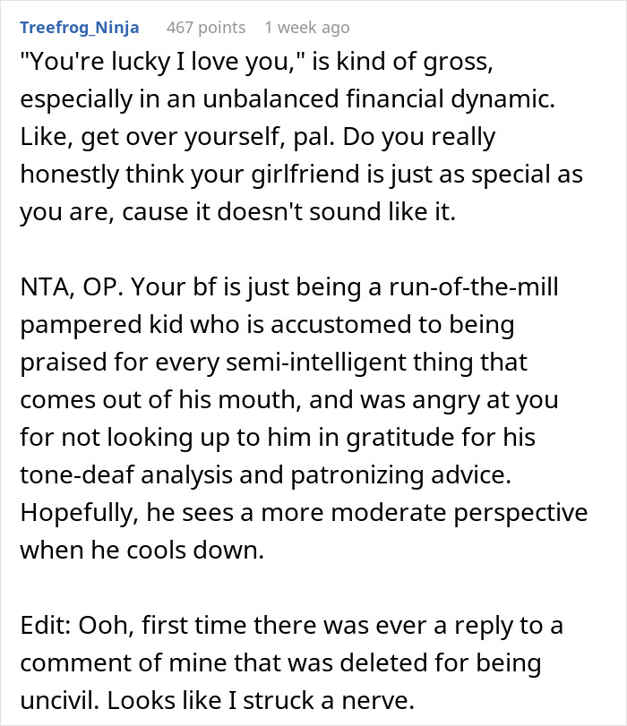 Commentary discussing a trust fund guy with money, patronizing his girlfriend in an unbalanced relationship. Commentary discussing a trust fund guy with money, patronizing his girlfriend in an unbalanced relationship.