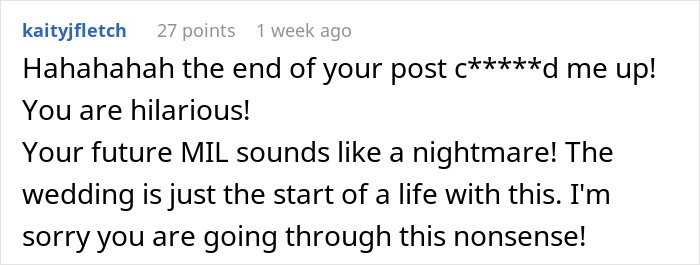 Text discussing MIL expectations and wedding invitations, expressing sympathy and humor about future challenges. Text discussing MIL expectations and wedding invitations, expressing sympathy and humor about future challenges.