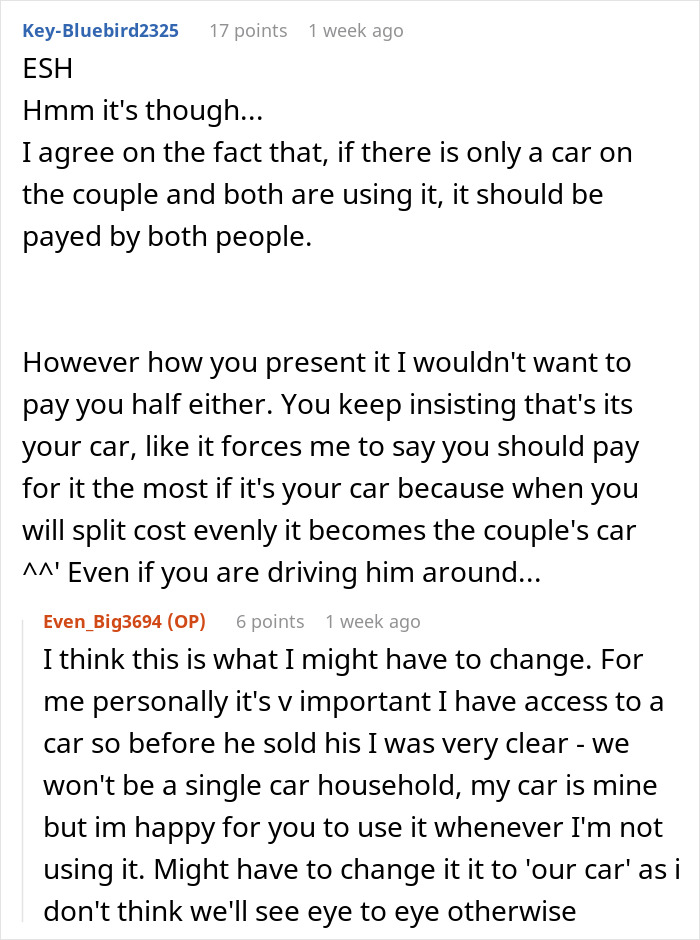 Text exchange discussing car bill payment between a couple, focusing on shared financial responsibilities. Text exchange discussing car bill payment between a couple, focusing on shared financial responsibilities.