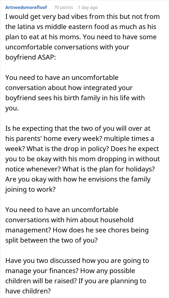 Reddit comment discussing issues about a man rejecting Hispanic cooking and family integration concerns. Reddit comment discussing issues about a man rejecting Hispanic cooking and family integration concerns.